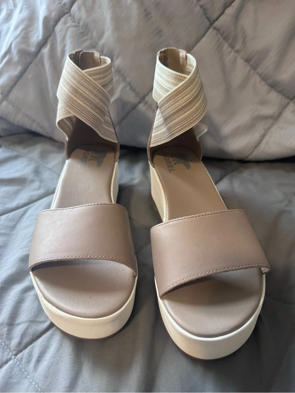 Women’s Sorel Cameron Beige Elastic Ankle Wedge Sandals
